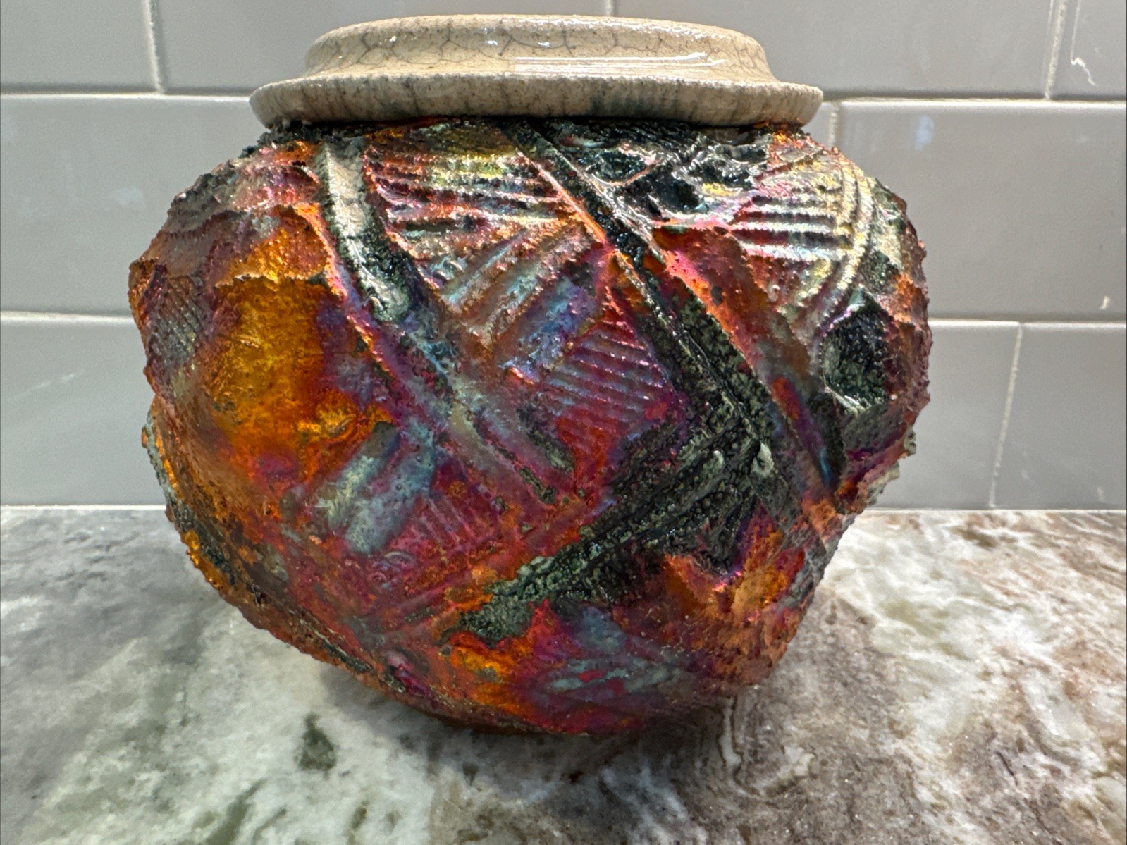 Bruce Odell Studio Pottery Raku Iridescent Vase, 2012 Signed, 5.75”x6.25” PO-LN
