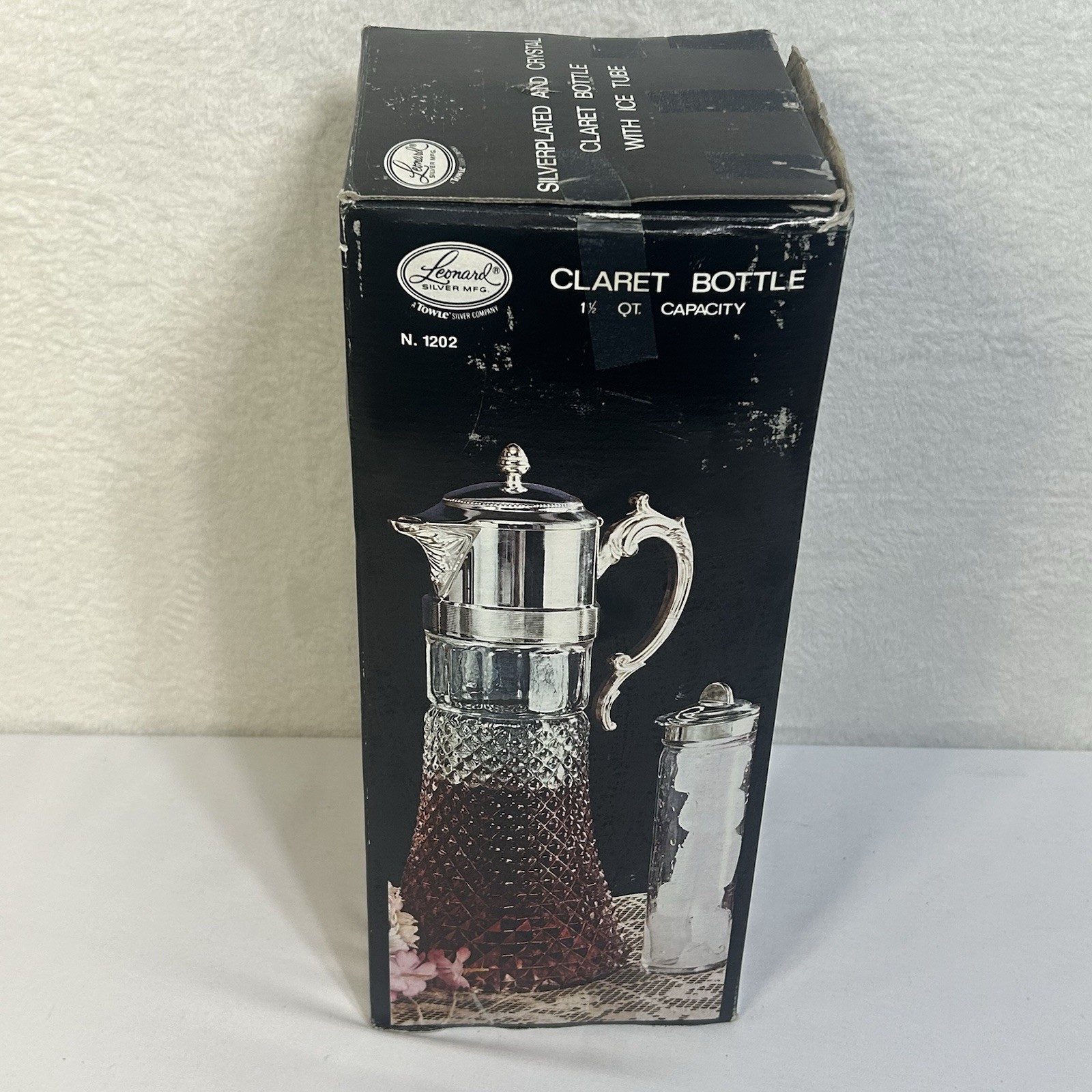 VTG Crystal & Silver-Plate Claret Bottle Pitcher Leonard Silver Mfg + Ice Tube