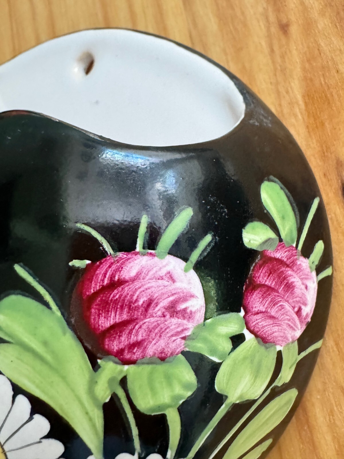 Czech Heart Wall Pocket Ceramic Heart Black Floral Chodovia Hand Painted 2