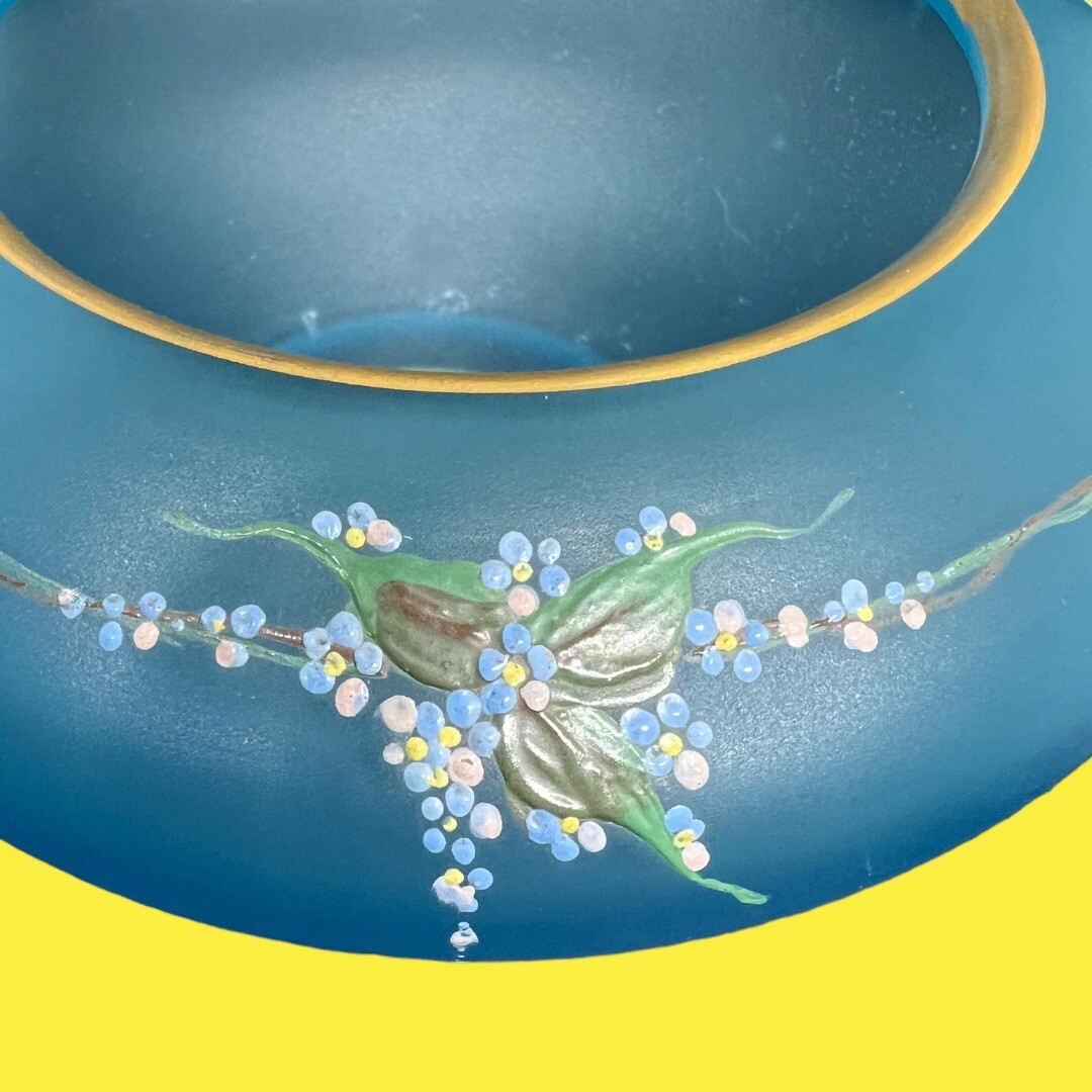 Vintage Tiffin Satin Blue Hand Painted Enameled Floral LiddedCandy Dish Nut Bowl
