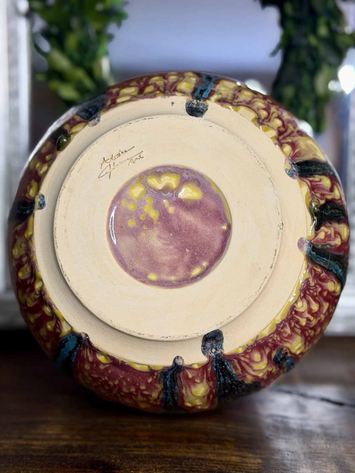 Handcrafted Artist Signed Multi-Color Blended Onyx Drip Glaze Pottery Vase 8.75″