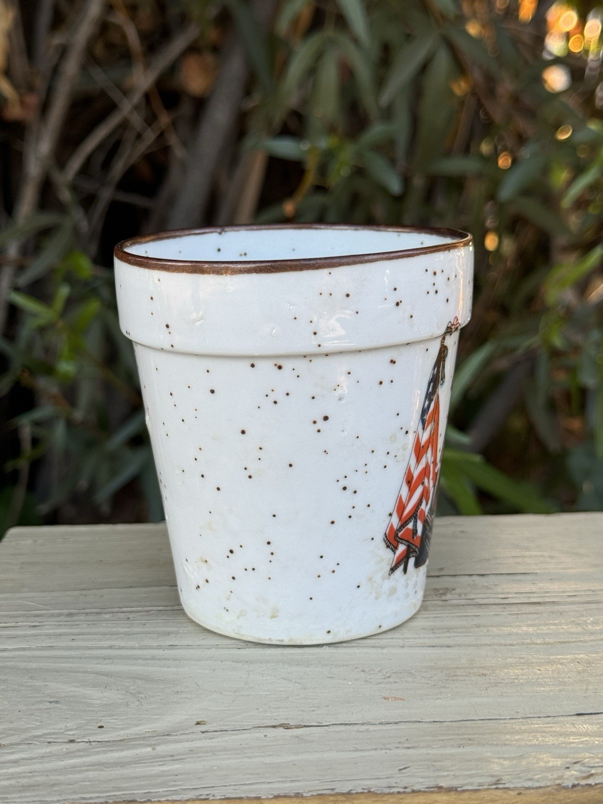 Vtg Ceramic Planter White W/ Brown Speckles Glazed 4”H Liberty Bell Bicentennial