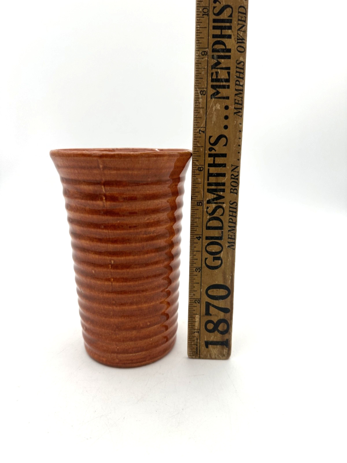 Vintage Bauer Pottery Hi-Fire Orange Ribbed Cylinder Vase (6 1/8″)
