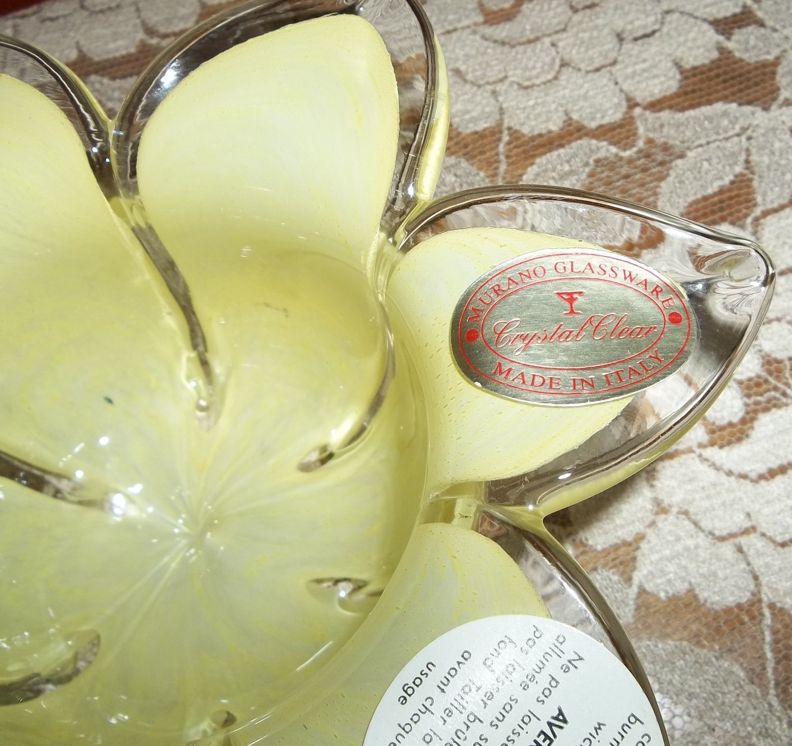 Vtg Yellow & Clear Flower Petals Murano Glass Crystal Clear Candle Holder Italy