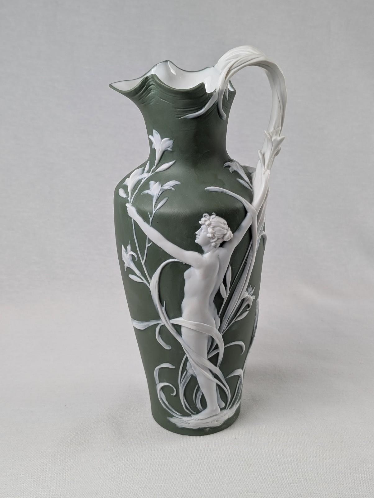 Antique Volkstedt Figural Maiden Relief Vase Art Nouveau Porcelain 10″