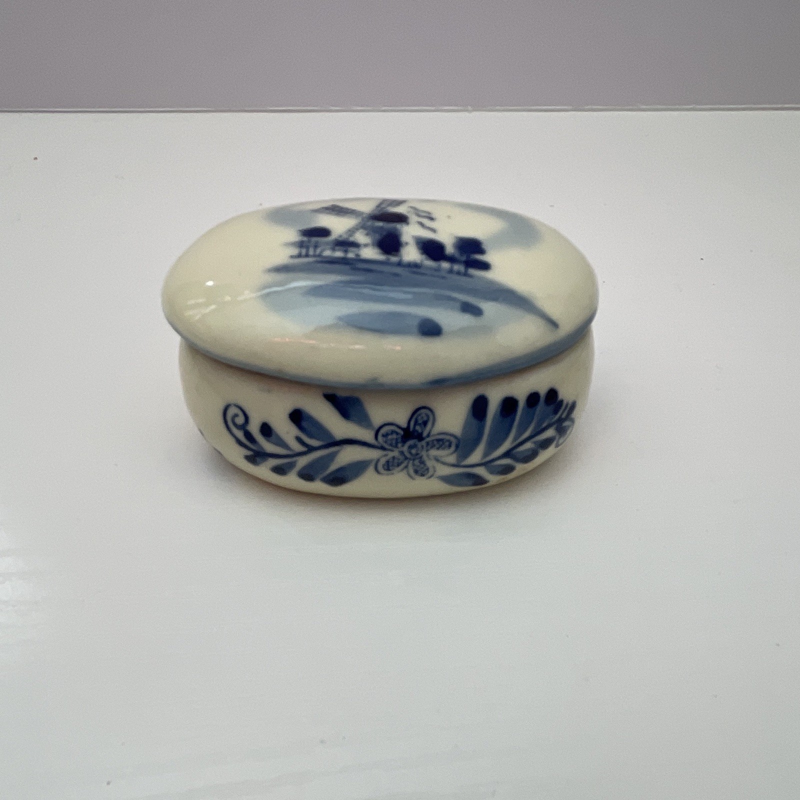 Blue & White Ceramic Oval Lidded Decorative Pill Box