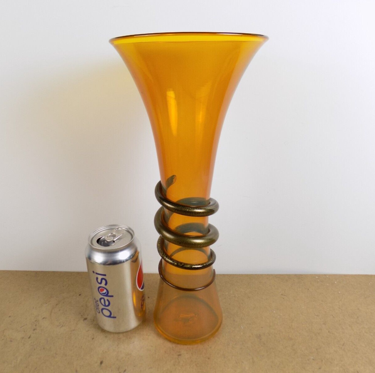 Blown Art Glass Orange Vase with Black & Gold Applied Snake Wrap 12.75″ Tall