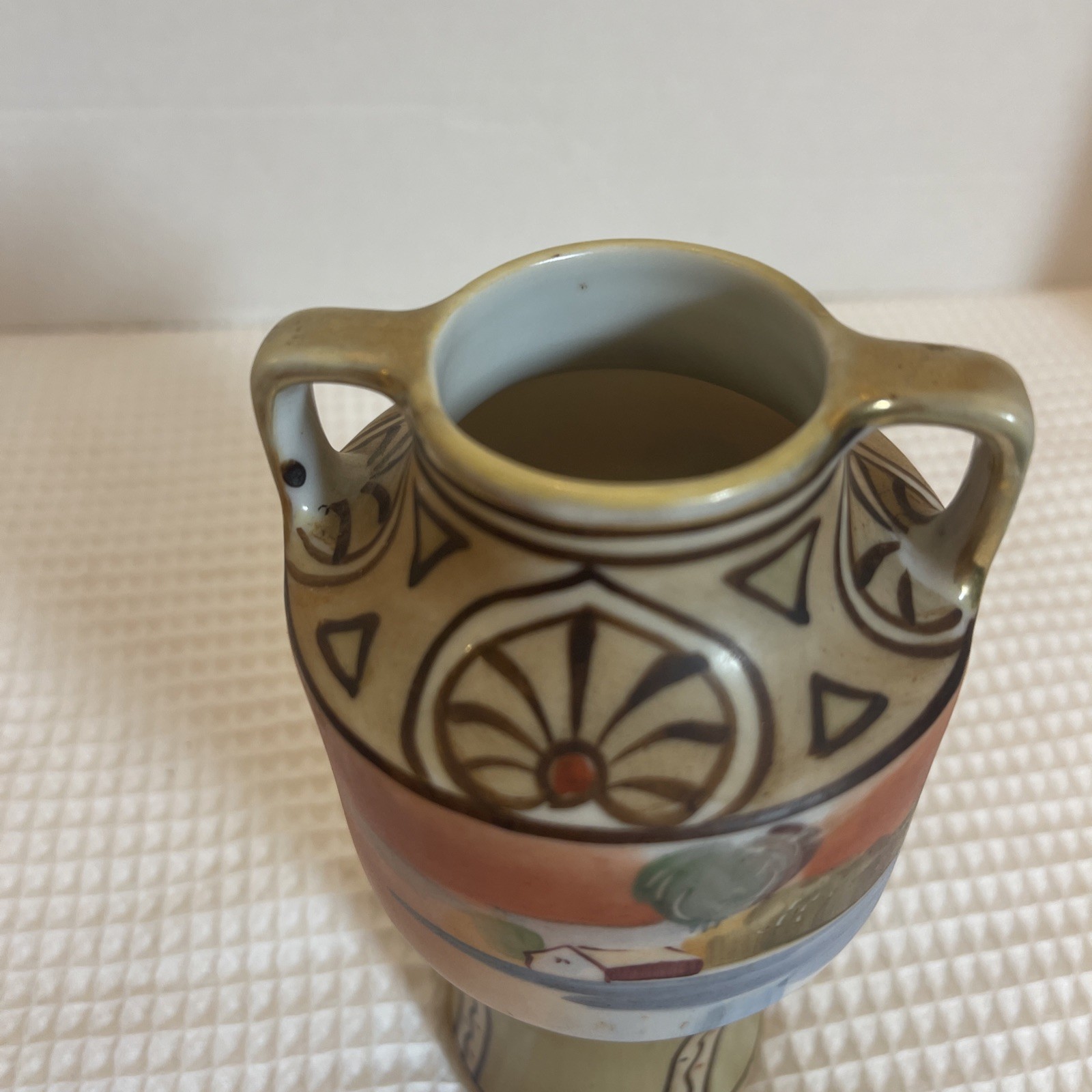 Nippon Hand Painted Double Handled Country Scenic Vase-6-1/8″ Tall – Wreath Mark
