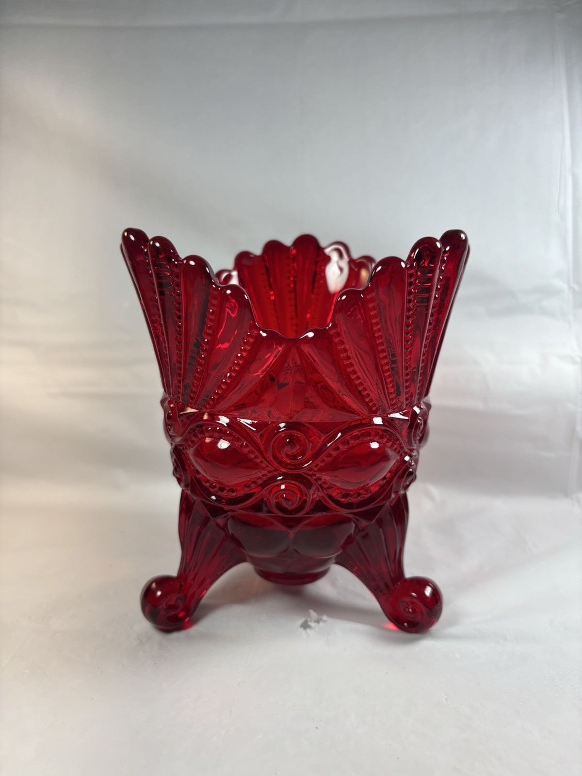 Mosser Red Glass 3 Footed Eye Winker Pattern Spooner Vase
