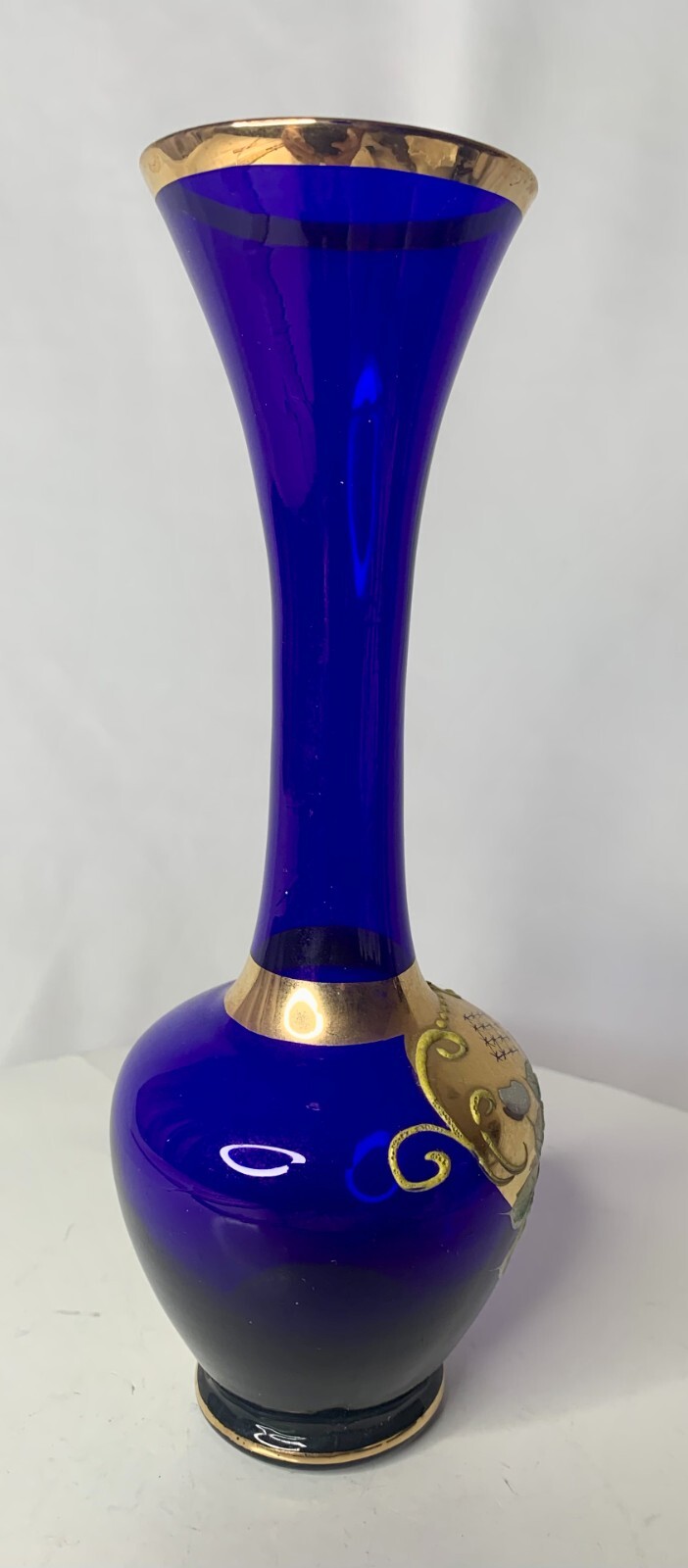 VTG BOHEMIAN MOSER STYLE GLASS Enamel HandPainted Blue Gold Floral BudVase Japan
