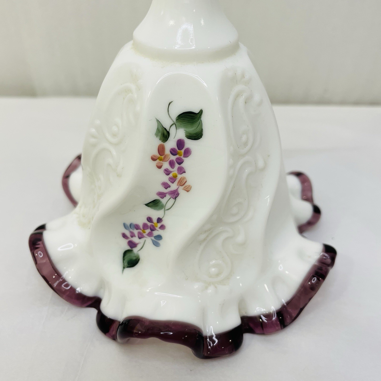 Vintage Fenton Violets Purple Crest Ruffled Bell Artist Signed 6.75″ Tall