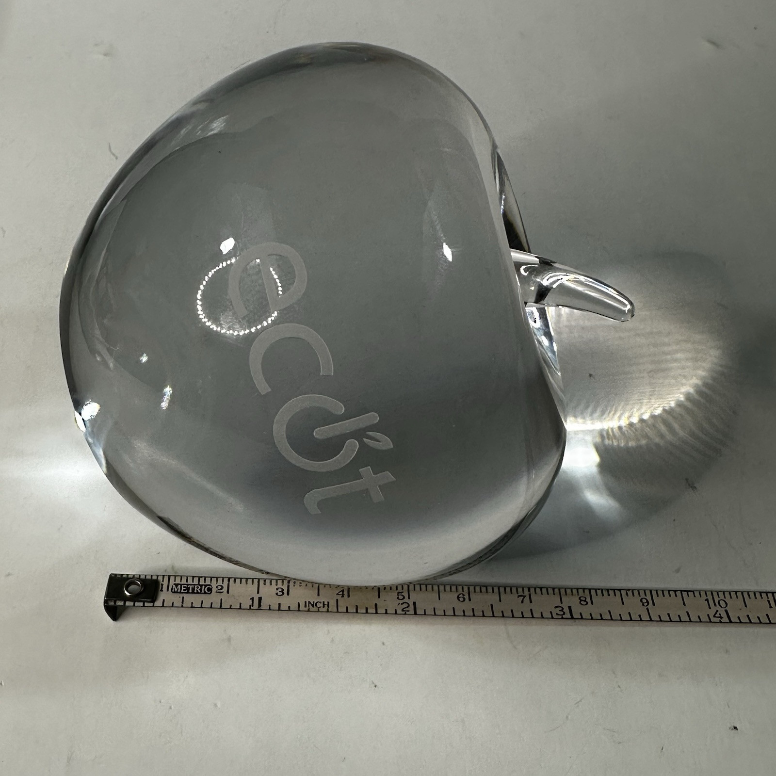 Tiffany and Co Glass Apple Paperweight Engraved ECOT Clear Glass Fruit Signed