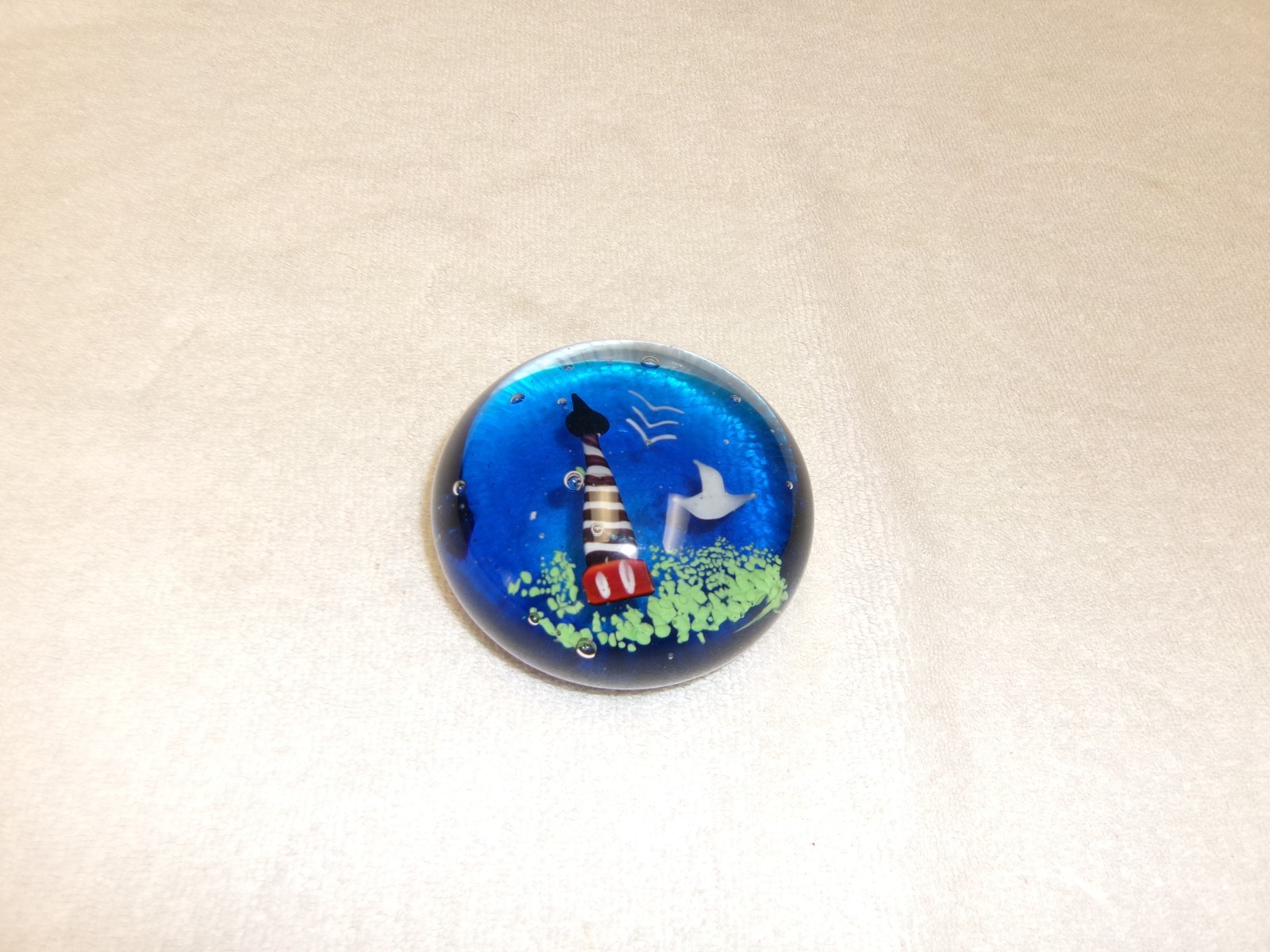 Lighthouse Seagulls Ocean Glass Paperweight Bubbles Heavy Art Glass