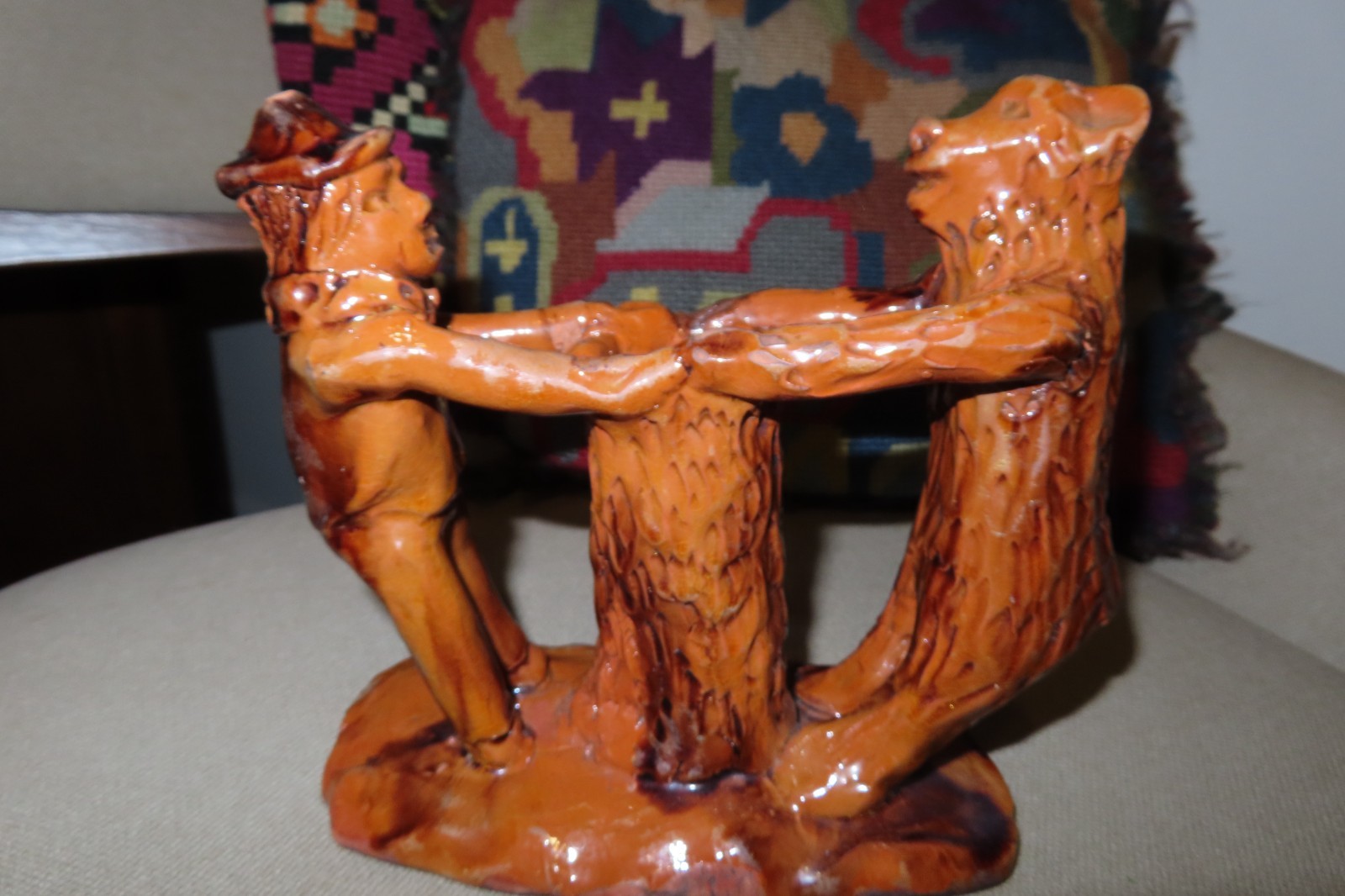 Vintage Turtle Creek Pottery Stoneware signed Cathy Gatch Man & bear tug o war