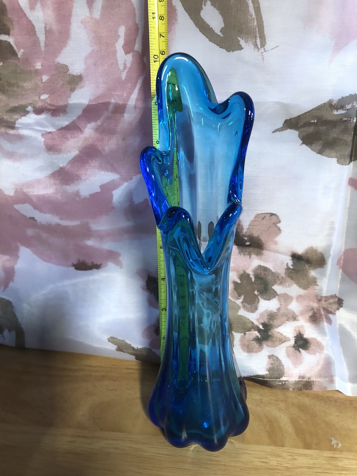 LE Smith 10” Small Swung Five Finger Vase Ribbed Blue Hand Blown Art Glass