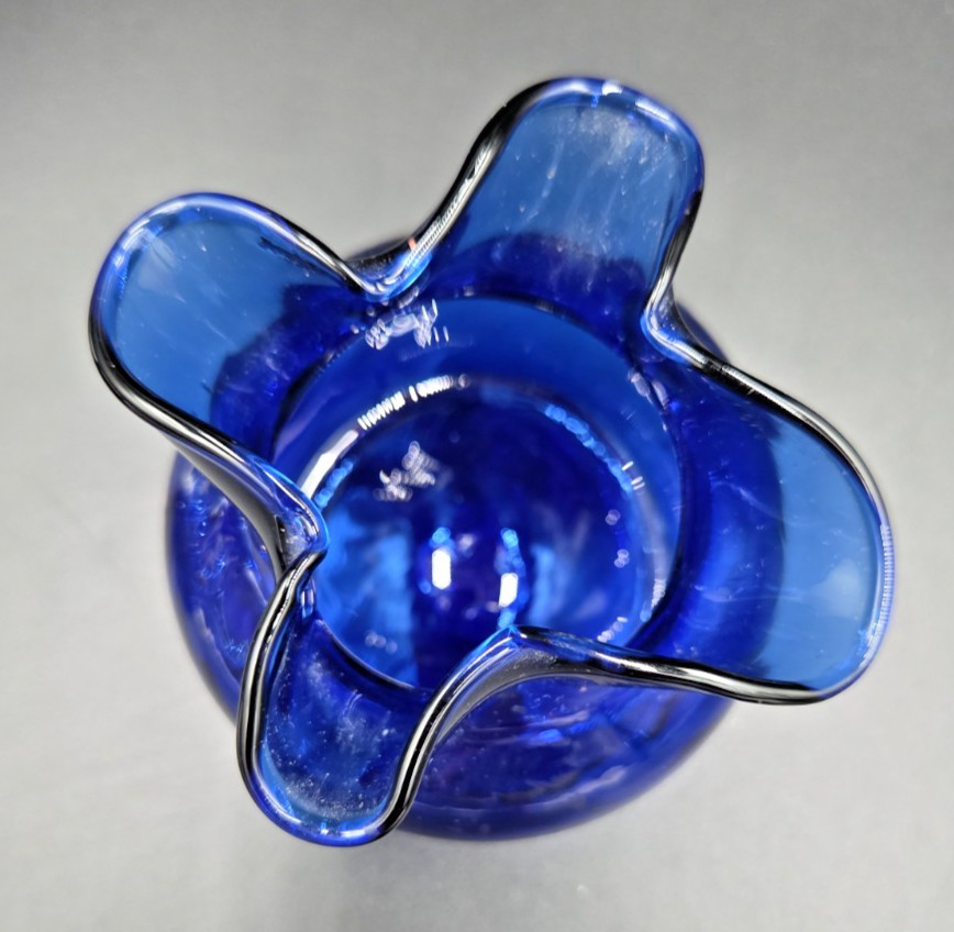 Vintage Cobalt Blue Art Glass Vase Hand Blown Handkerchief Pinched lip W/Optic