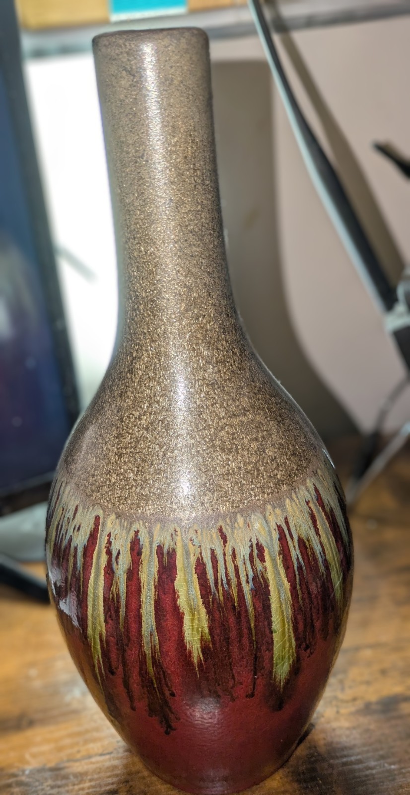 Pottery Decorative Vase Brown Red Green Drip Glaze Speckled Neck 15 in