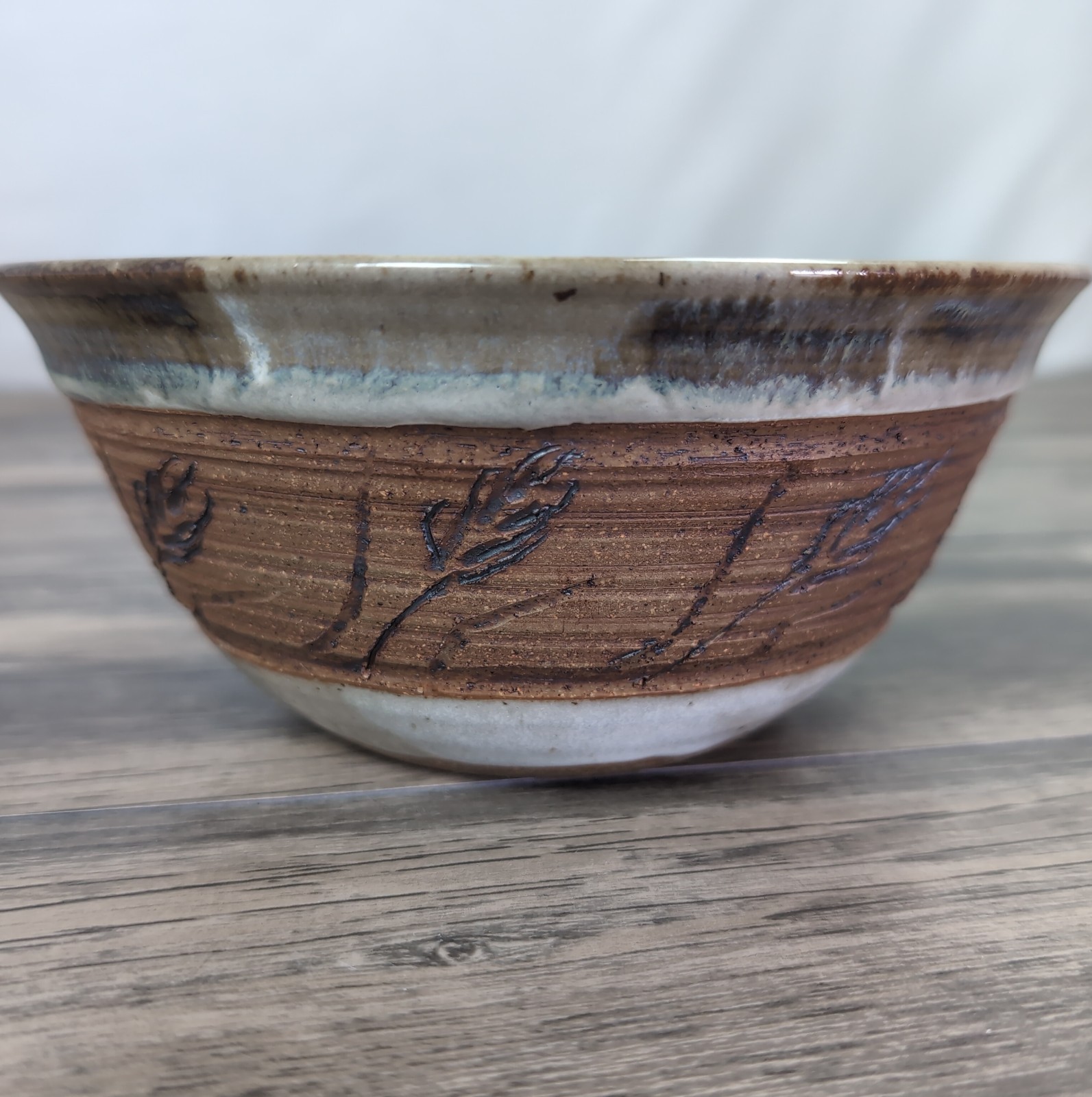Brown Studio Art Pottery Wheat Tea Bowl Modern Local Artist Signed 7 3/8″ MT