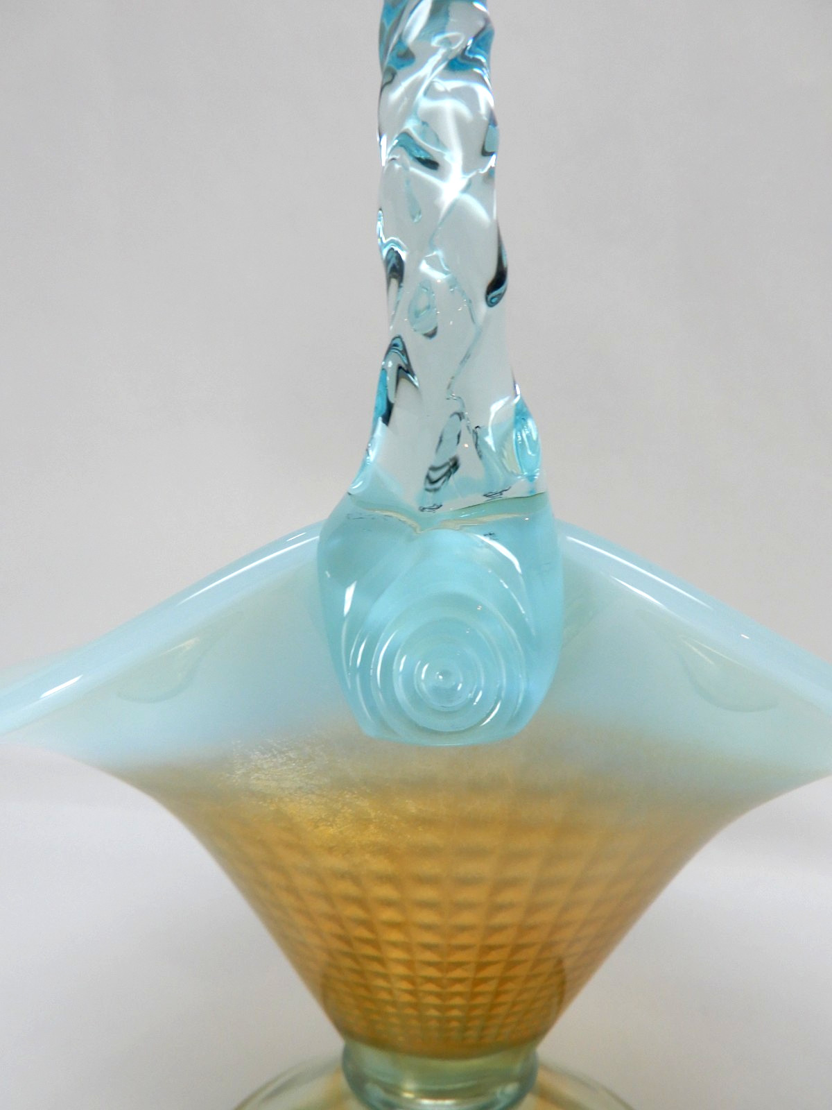 Fenton Opalescent Pedestal Basket Twist Handle Pale Aqua Blue/Gold 9 in Tall NOS