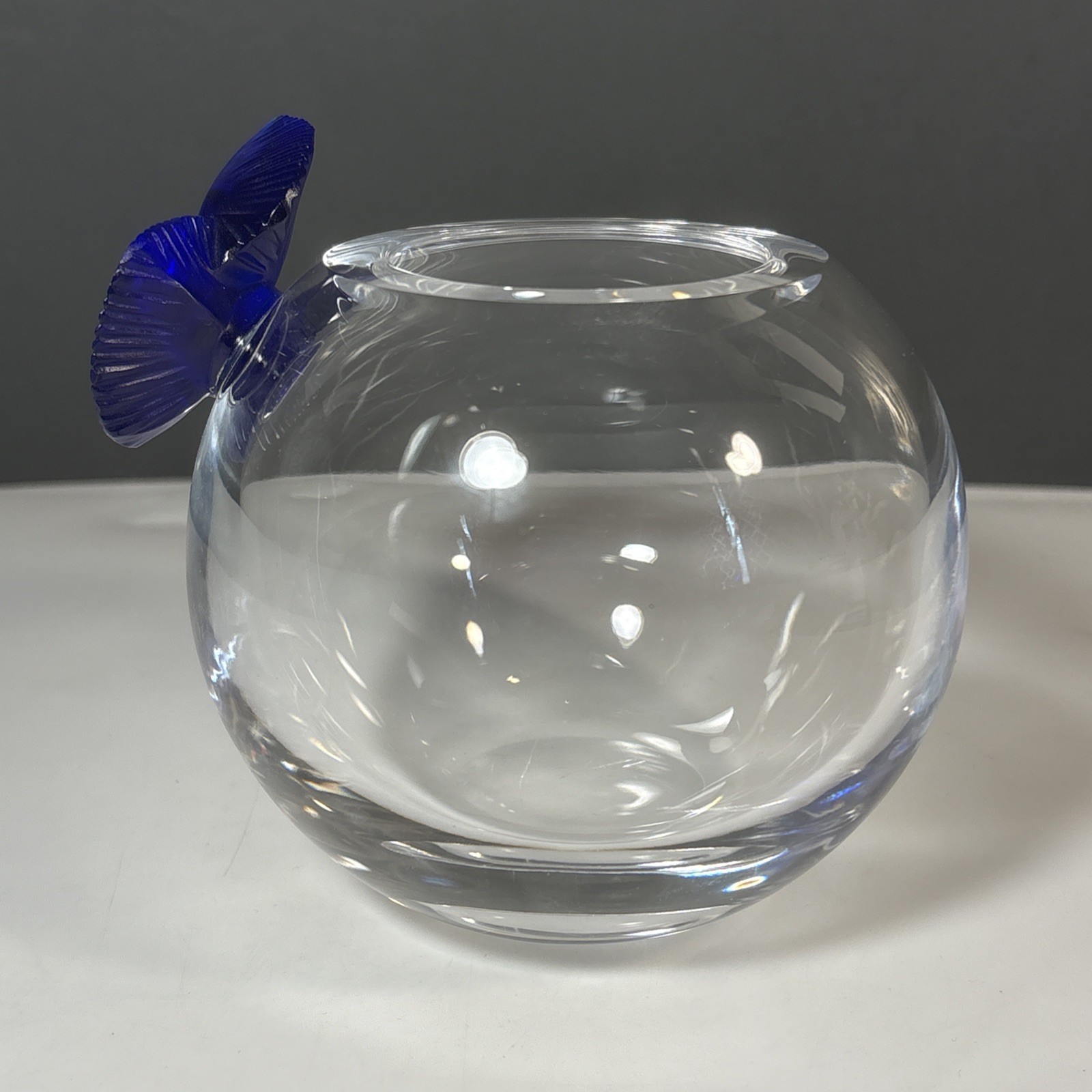 Astral Clear Crystal Ball Vase Cobalt Blue Leaves 4.5” Tall Heavy Glass