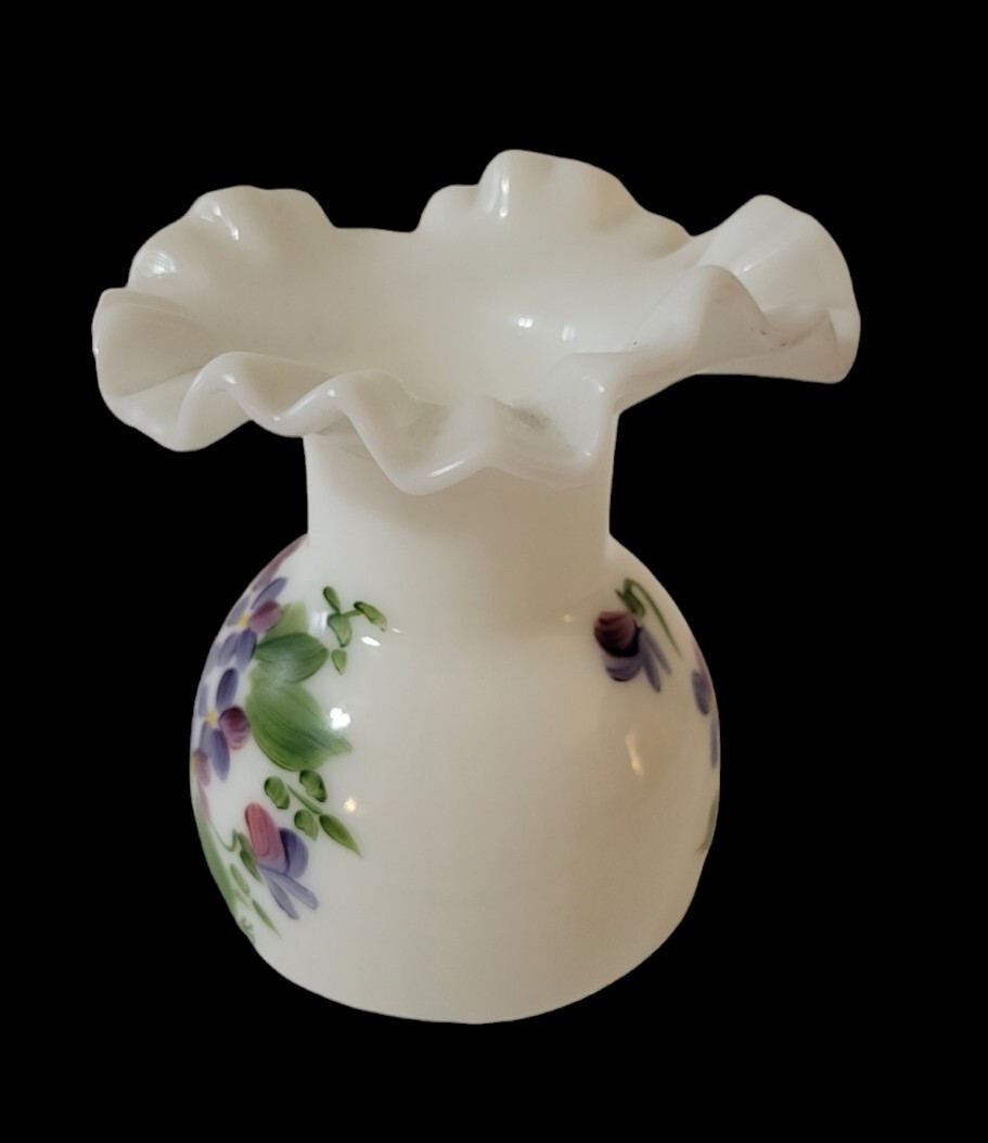 Vintage Glass Violets In The Snow Milk Glass Ruffled Edge Vase