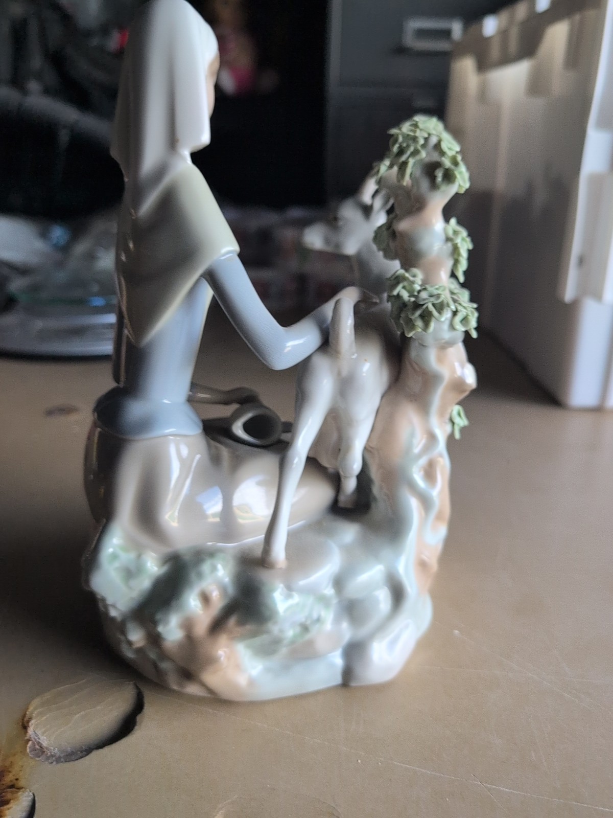 Lladró Porcelain Woman with Goat Glossy Decorative Figurine White Beige