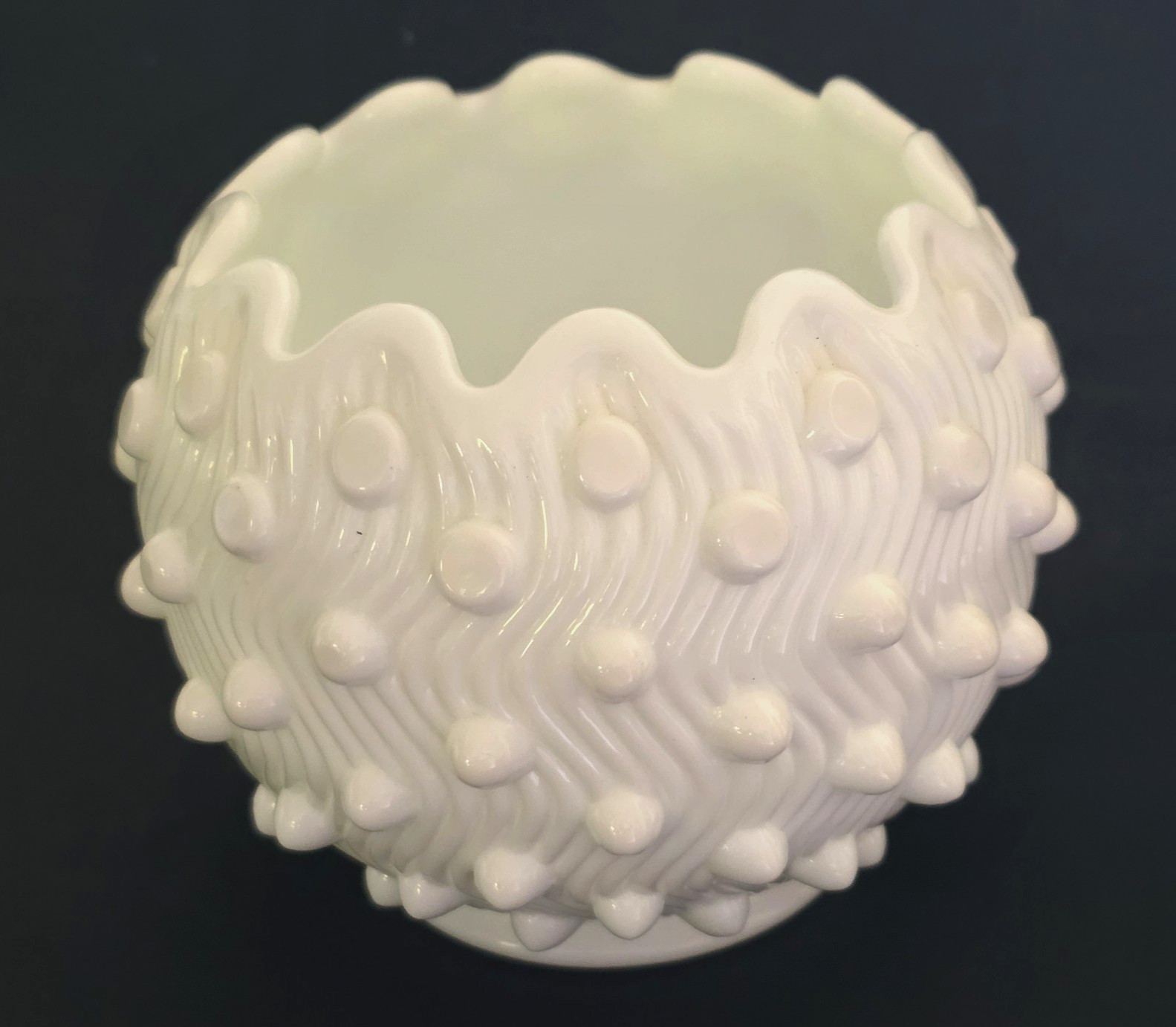Fenton White Hobnob Ruffled Edge textured Milk Glass Rose Bowl Vase signed