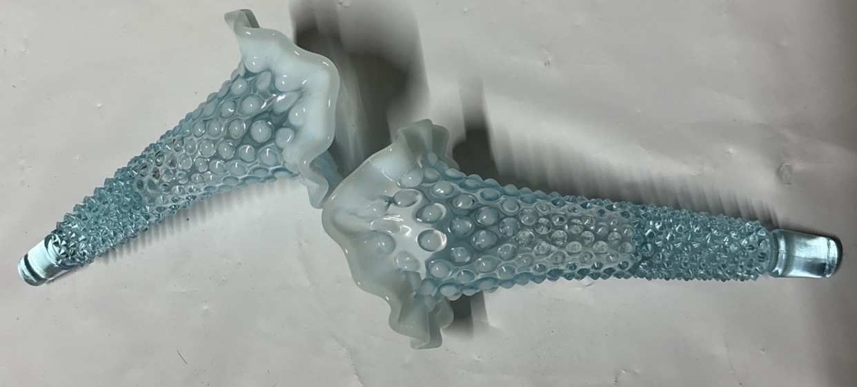 Fenton Horn Vase Epergne Opalescent Blue Aqua Hobnail 5 inches set of 2