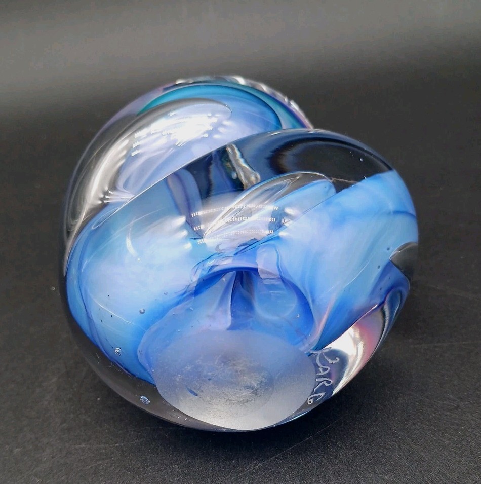 Jim Karg Signed Studio Art Abstract Glass Paperweight Periwinkle, Lavender, Blue