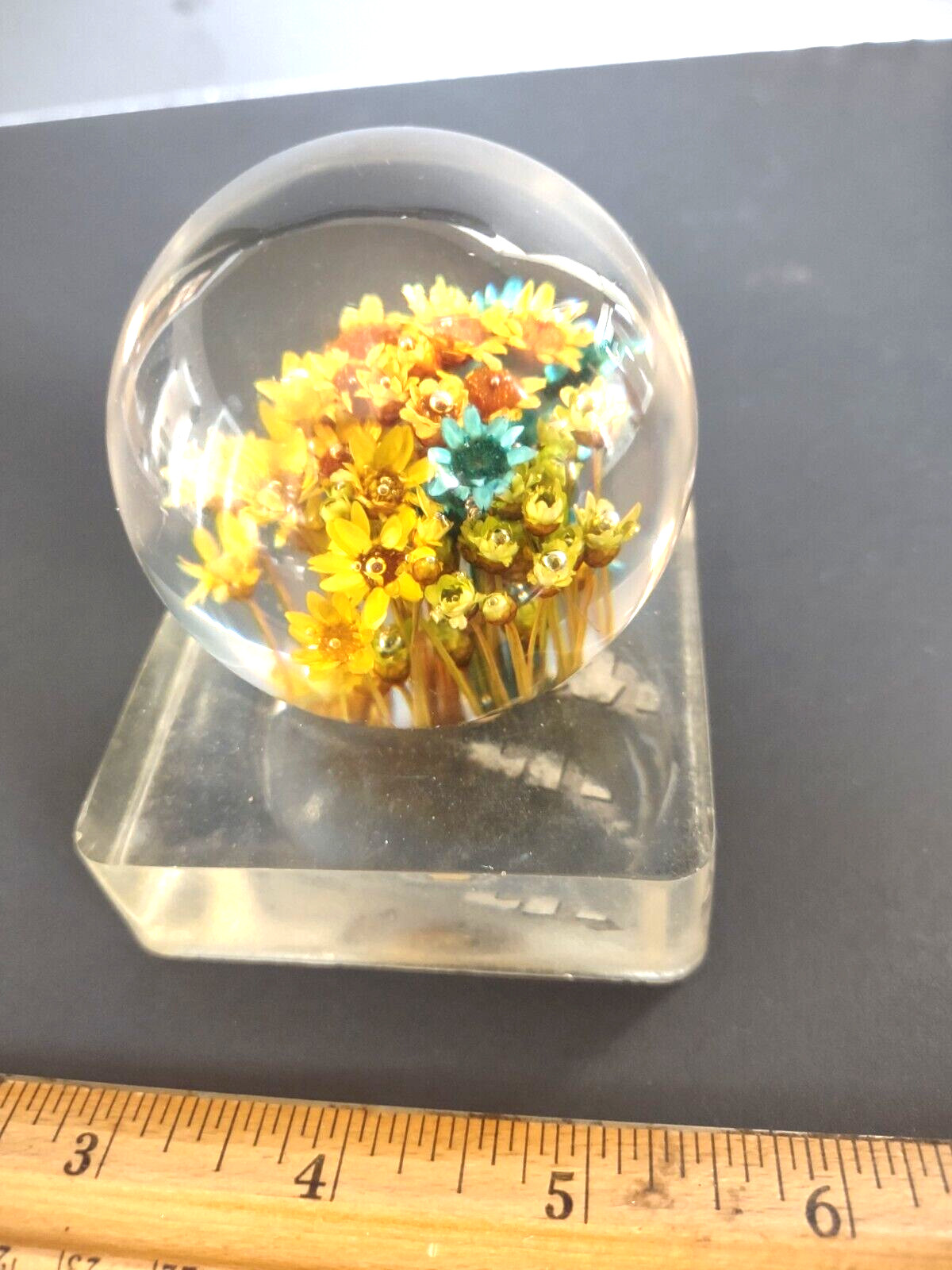 1969 New Designs Inc USA Mod Dried Flower Lucite Round Paperweight On Base