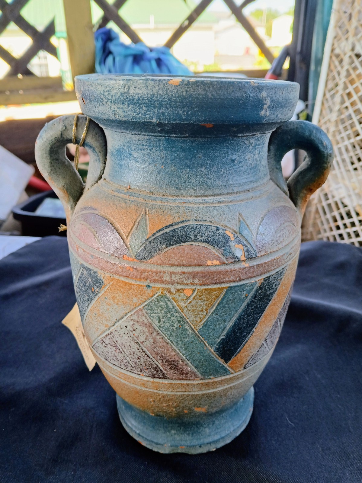 ​Vintage River Junction Pottery Works Double Handled Vase Southwestern Geometric