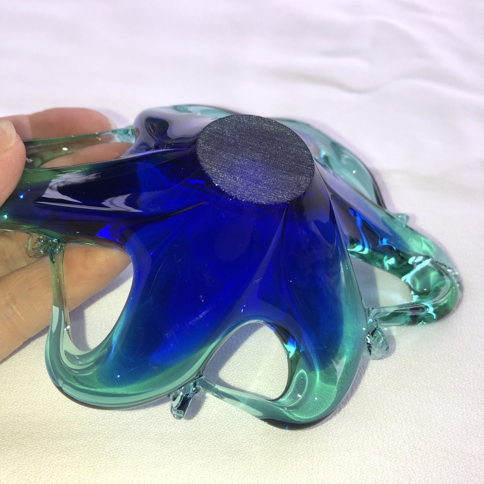 VINTAGE MURANO STYLE ART GLASS WAVE CRYSTAL DISH BLUE & GREEN 6 X 4.25 X 1.75