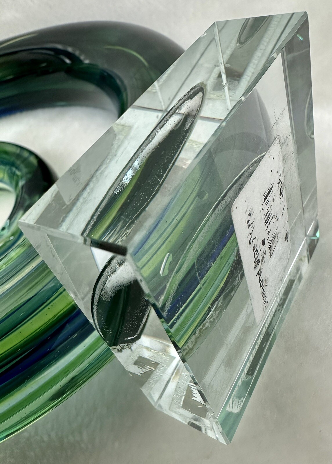 Vtg Hand Blown Music Treble Clef 12″ Art Glass Sculpture Blue Green Infinity