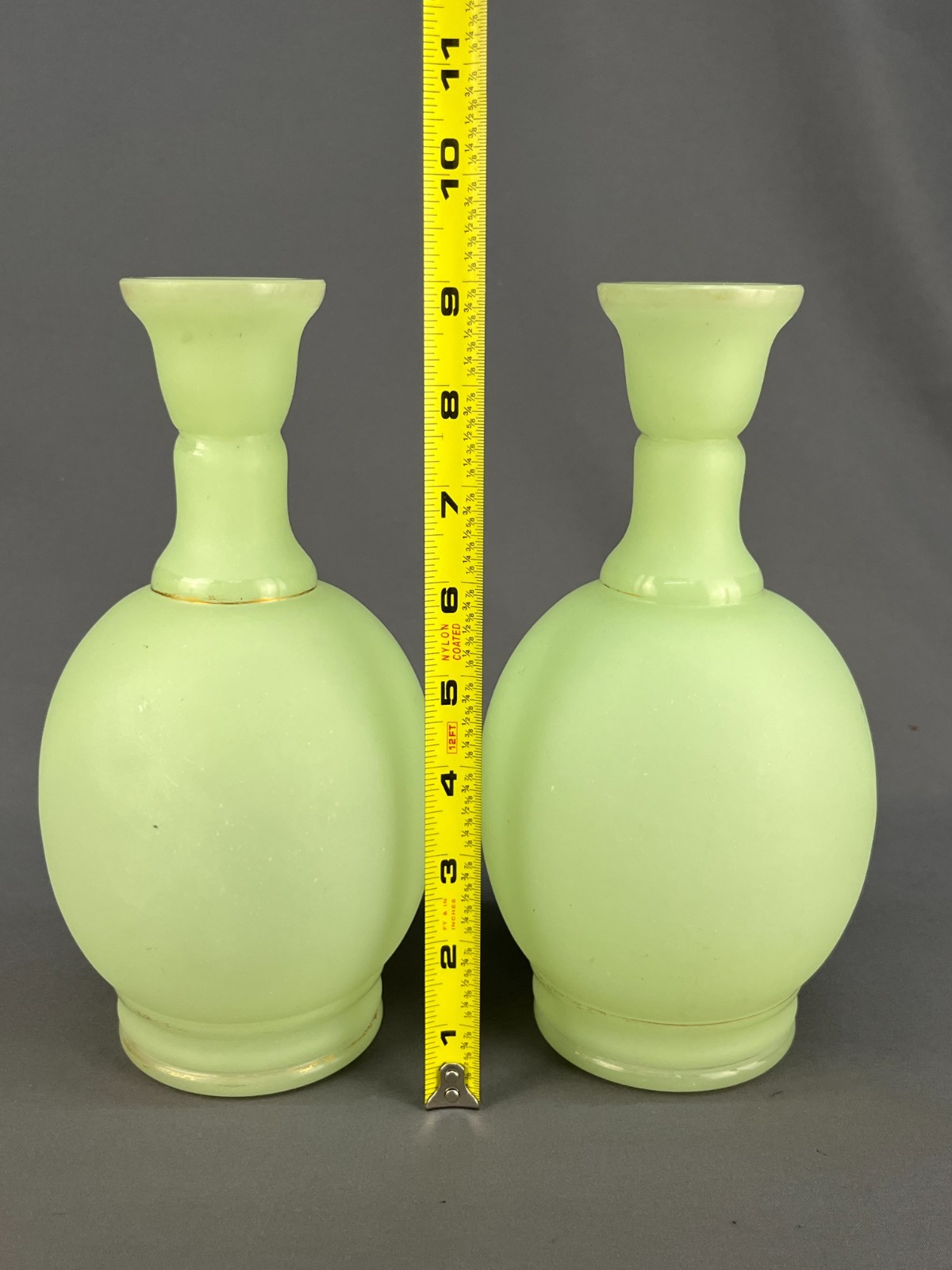 2 ~ 19th C. French Opaline Satin Uranium Glass 9″ Bottle Vases