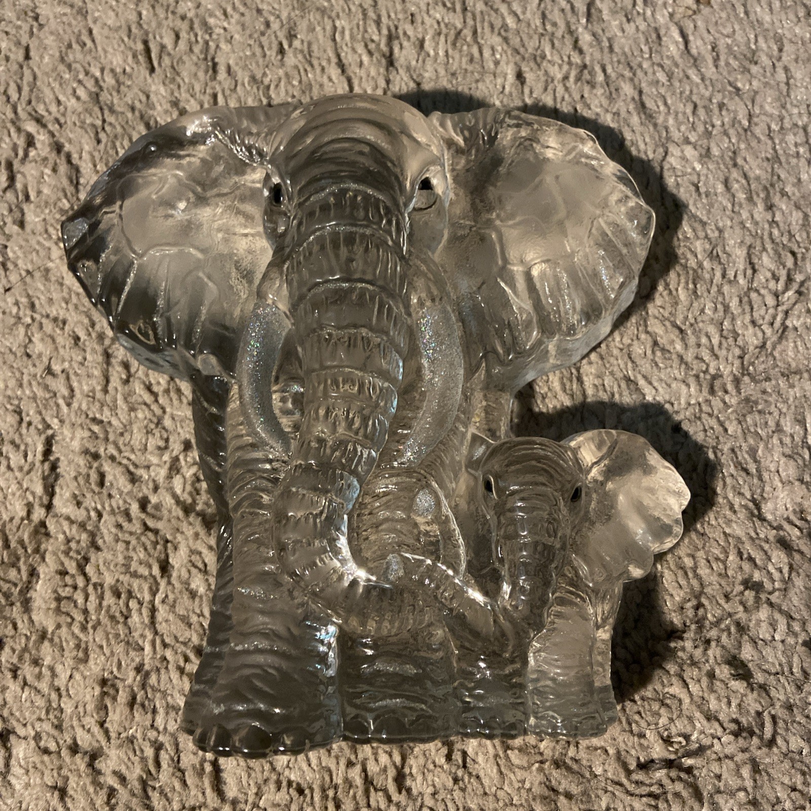 Full Lead Crystal Elephant With Baby, Etched Art Glass Display, Paperweight