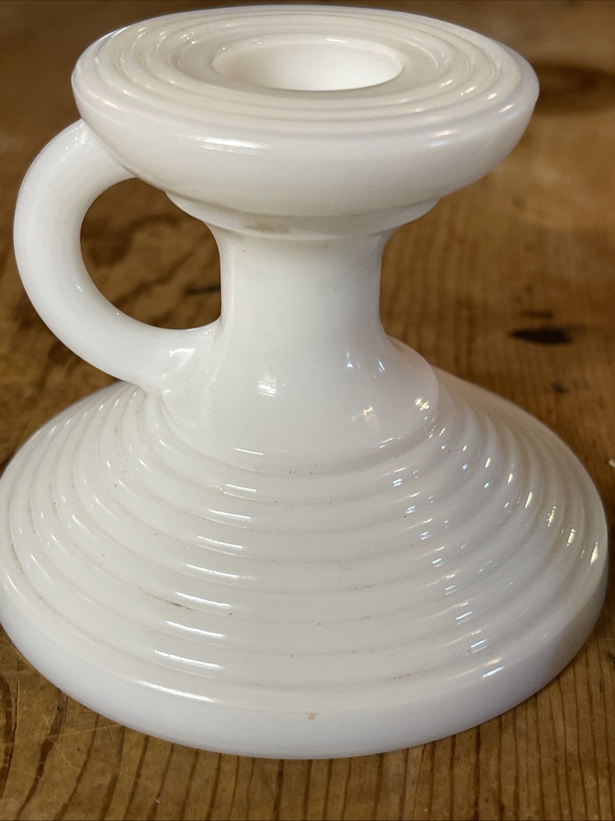 Pair Vintage Milk Glass Ribbed Taper Candlestick Holders W/ Finger Ring Handle
