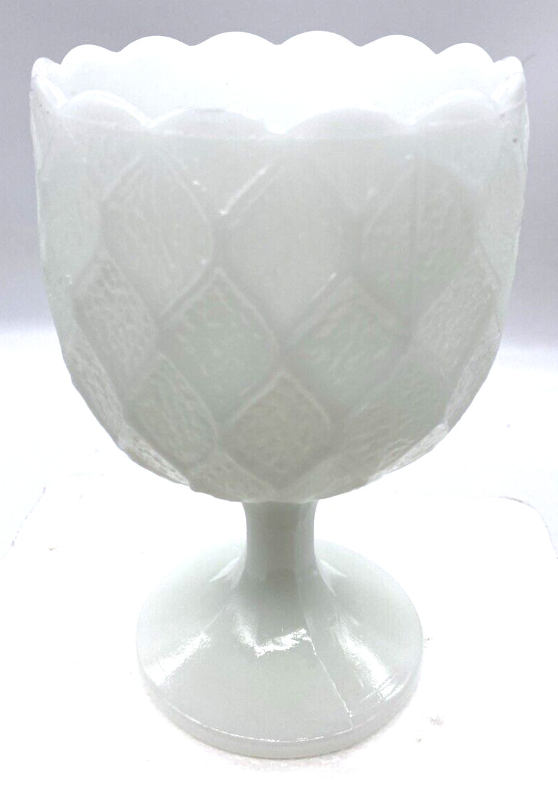 Vintage Milk Glass Chalice 6.25″ Harlequin Diamond Pattern Scalloped Top