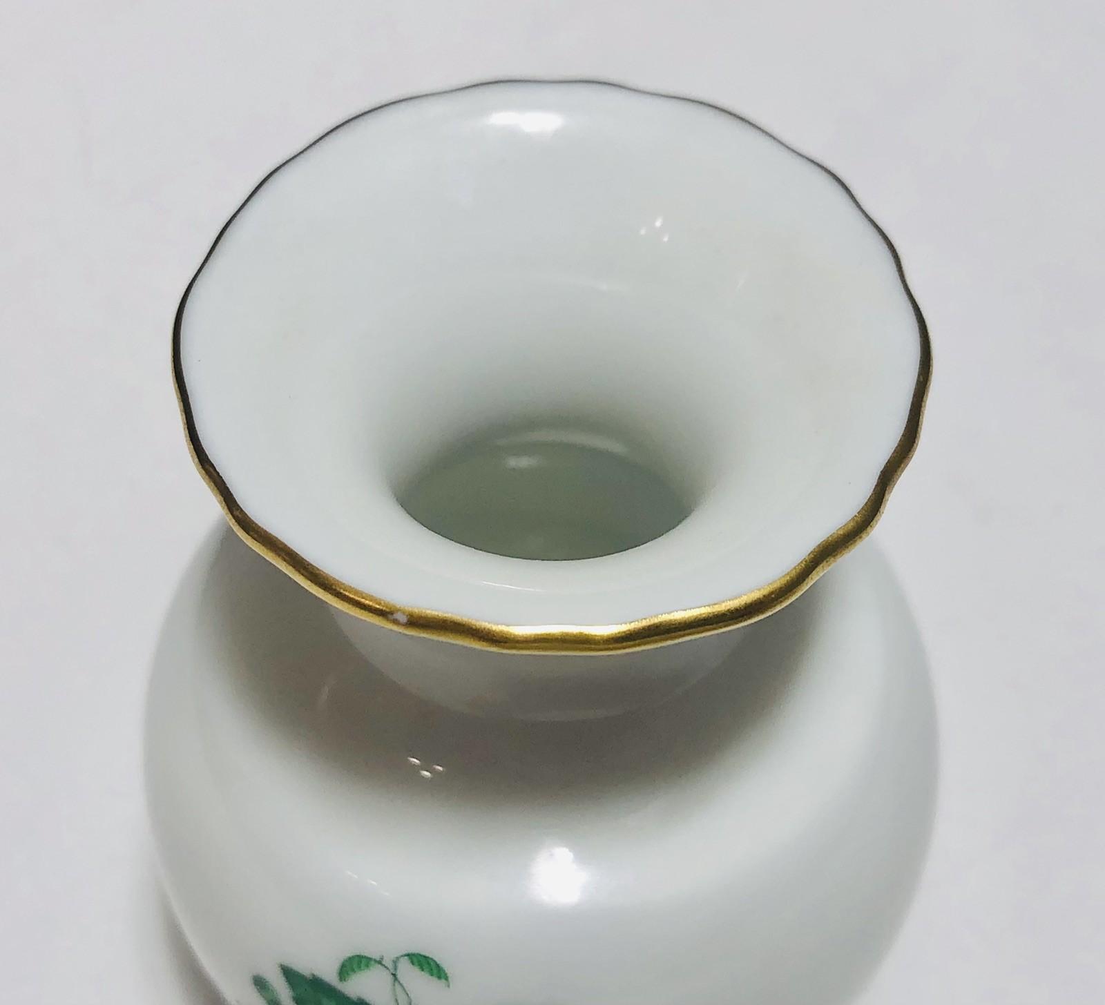 Herend Hungary Hand Painted Mini 2-3/4” Bud Vase Green Floral Gold Rim Porcelain