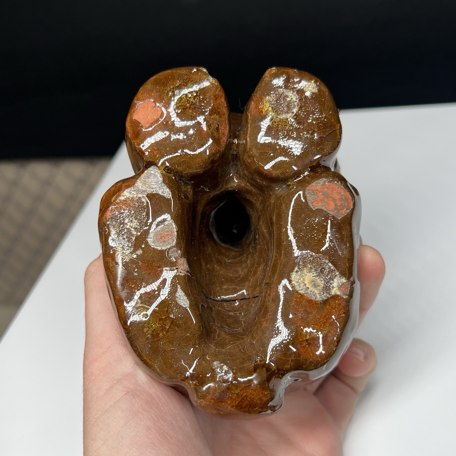 Antique SEWER TILE POTTERY Ohio Folk Brown Dog Figurine Statue 5” x 4.5” x 3.5”