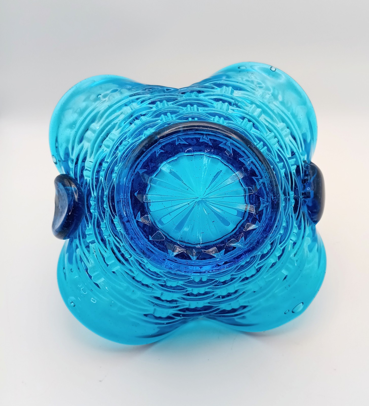 Vintage Fenton Style Blue Glass Basketweave Basket Crimped Ruffled Candy Dish