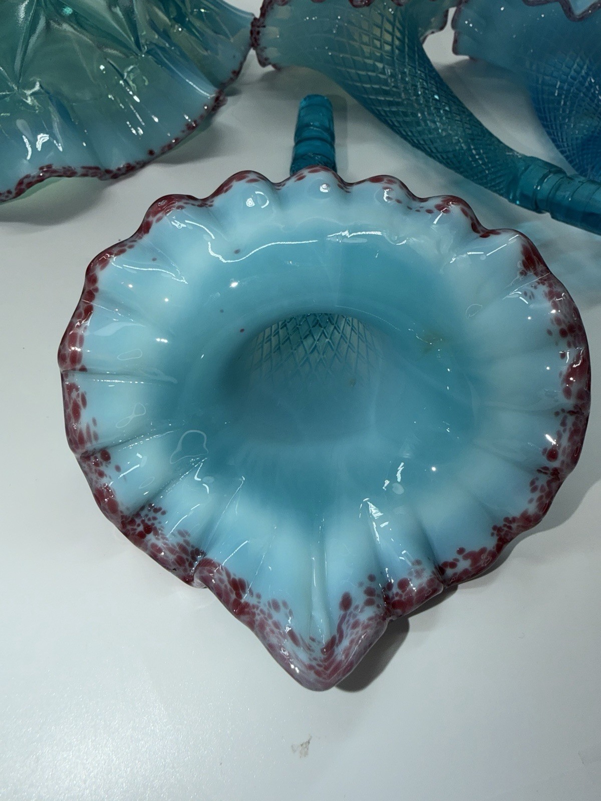 Vintage Epergne Northwood 4 Horn Opalescent Blue Red Frit Stunning READ RARE