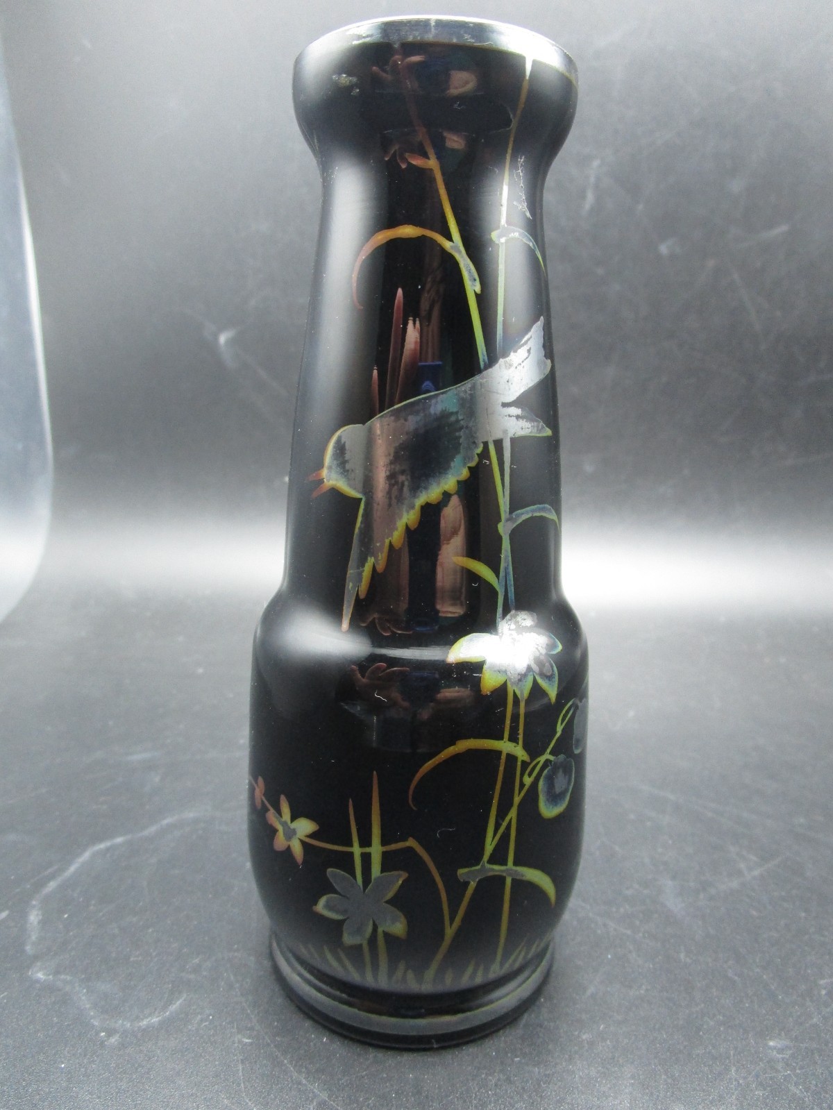 Czechoslovakian Black Glass Vase With Hand Painted Silver & Gold Overlay-worn