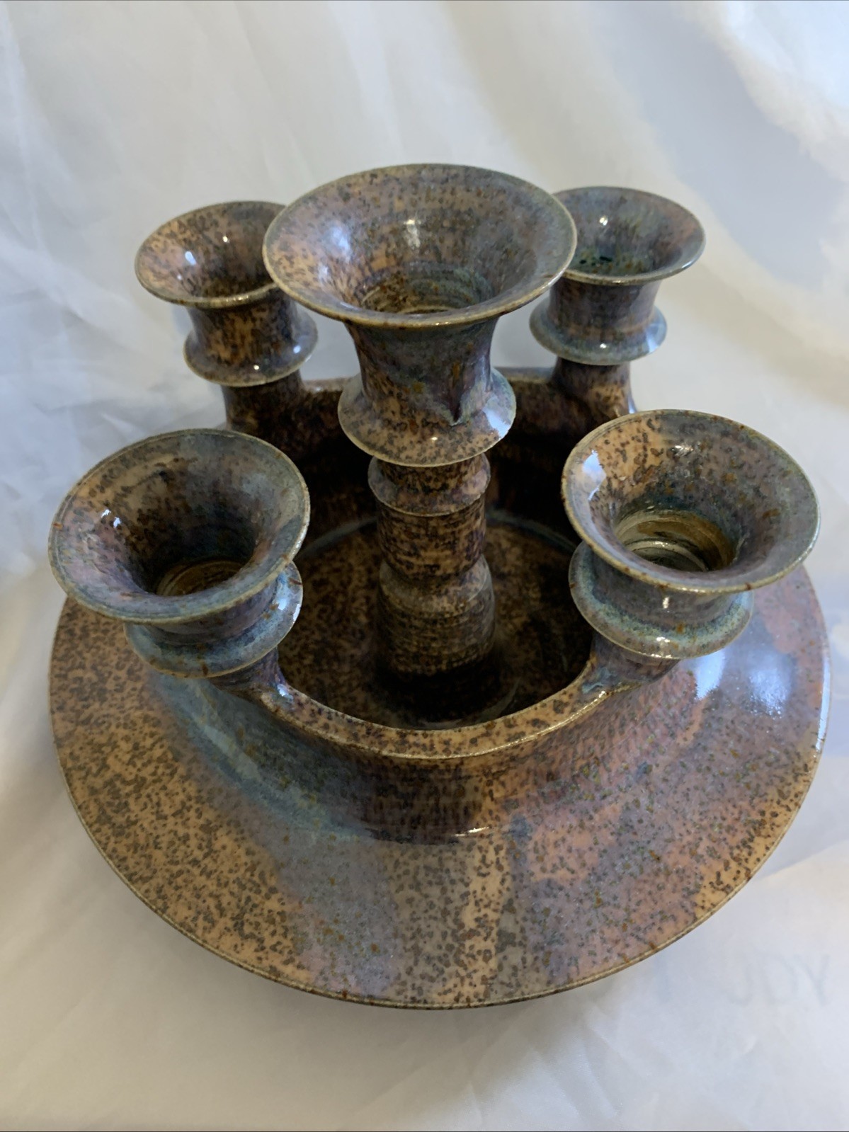 Vintage Handmade Studio Pottery 5 Taper Candlestick Holder Dish Custom Signed