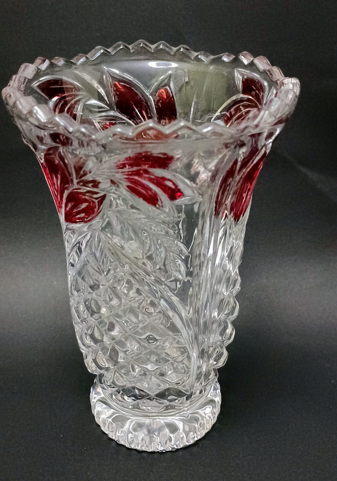 Vintage Ruby Pressed Cut Glass Vase Anna Hutte Lead Crystal Germany