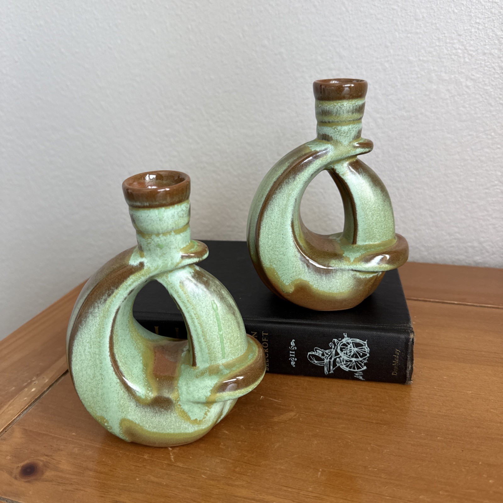 Vintage Frankoma 305 Pottery Prairie Green & Brown Candleholders Set-2