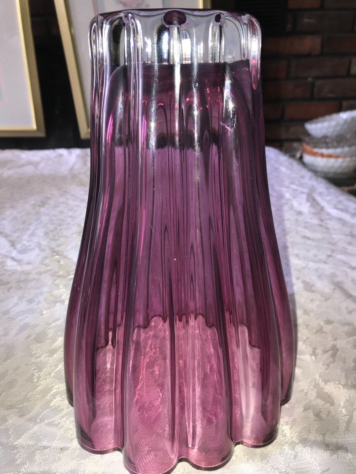 RARE Vintage PURPLE Rib RUFFLE Flared GLASS VASE 10¼” Tall Made in POLAND 4 lbs