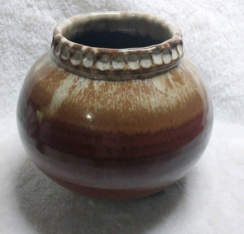 Brown, Cream Pottery Vase, Bowl – Decorative Rim – Signed