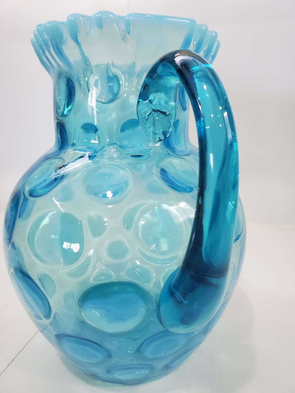 7 PC -OPALESCENT AQUA BLUE WATER COINSPOT RUFFLE TOP PITCHER & 6 GLASSES