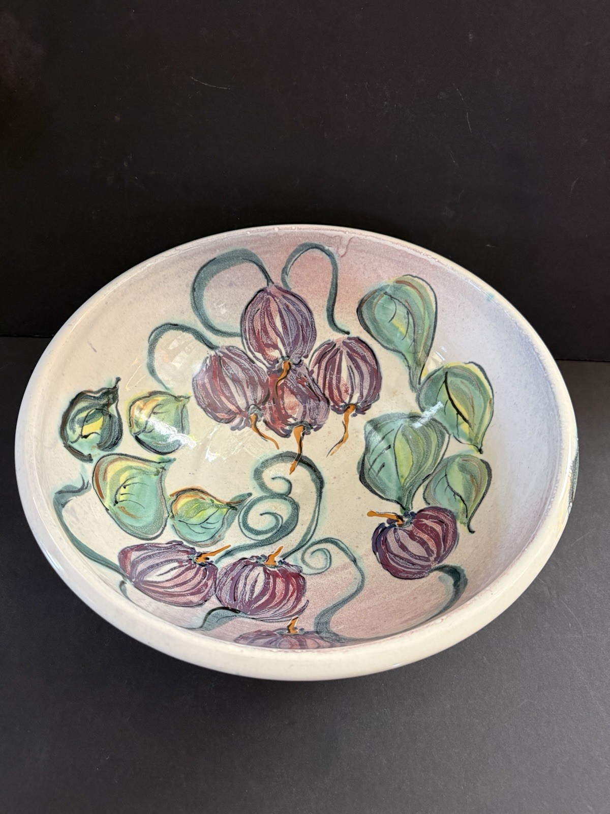 Large 13″ Serving Bowl Hand Painted Pottery Fruit Motif Multicolor – Signed
