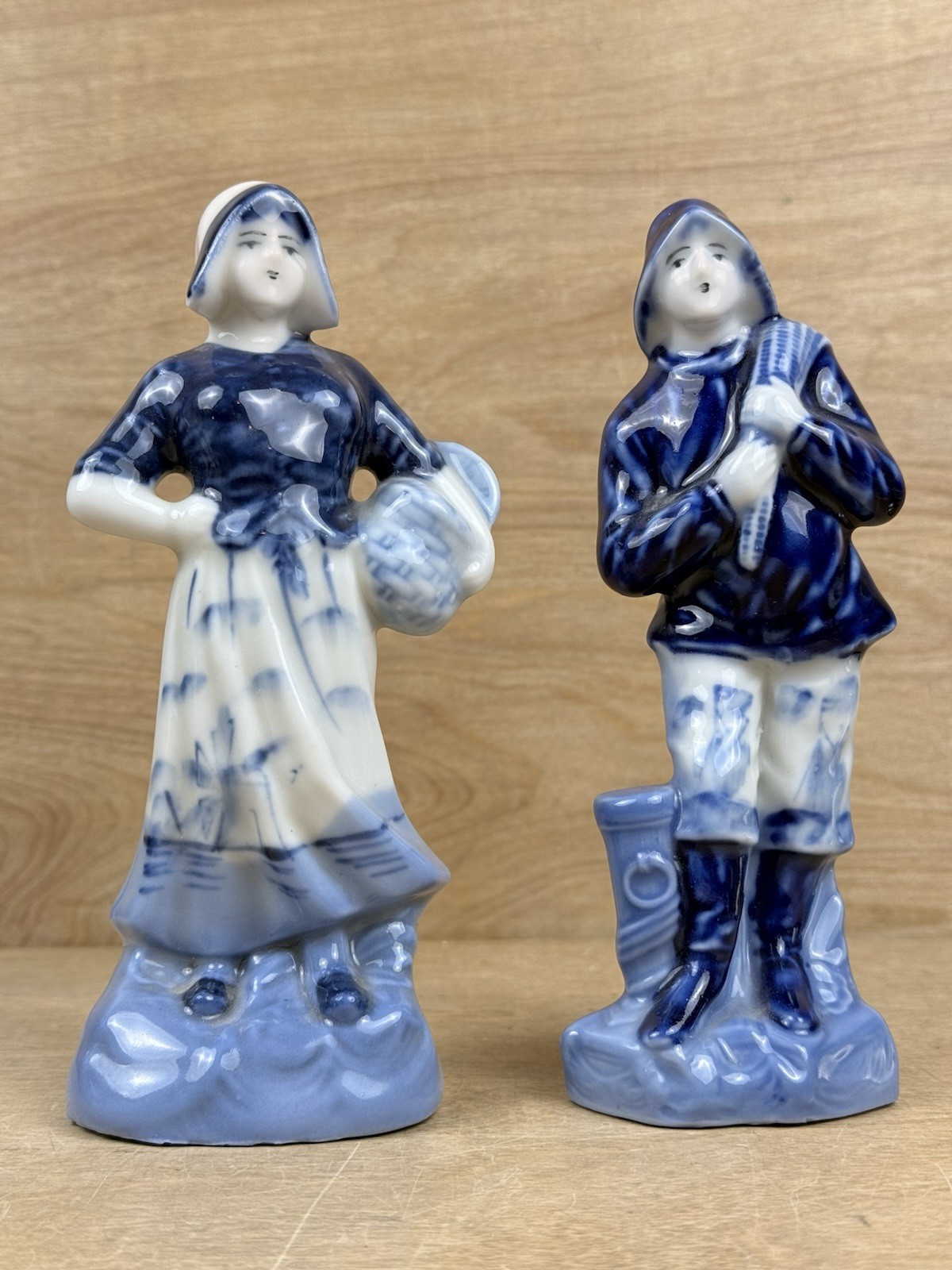Set 2 (Pair) Vintage Delft Style Dutch Figurines-Blue & White Porcelain Japan